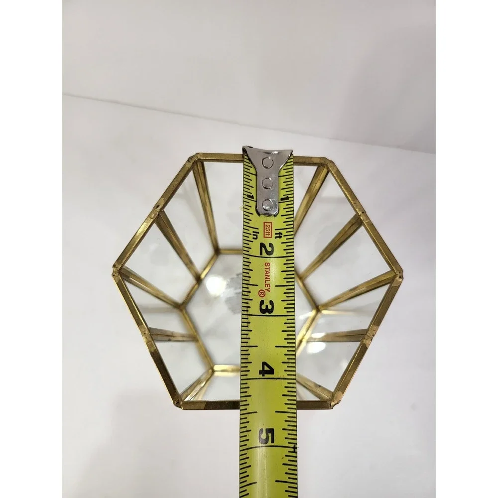 Gold Brass Glass Geometric Hexagon Lantern Candle Holder Terrarium 7 Inch